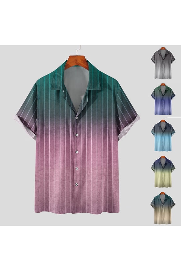 Men's Vintage Bowling Shirts Hawaiian Casual Short Sleeve Button Down Stripe Printed Beach Shirt Summer Gradient Tops Yellow