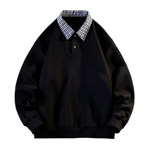 FRSASU Men's Vintage Patchwork Plaid Print Lightweight Long Sleeve Half Button Lapel Collar Shirts Black