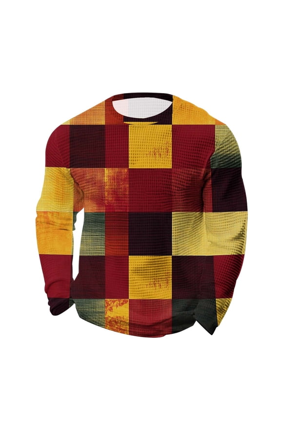 Men's Vintage Plaid Printing Loose Crew neck Long Sleeve Tops Mans Daily Shirt Patchwor Tee Top Multicolor