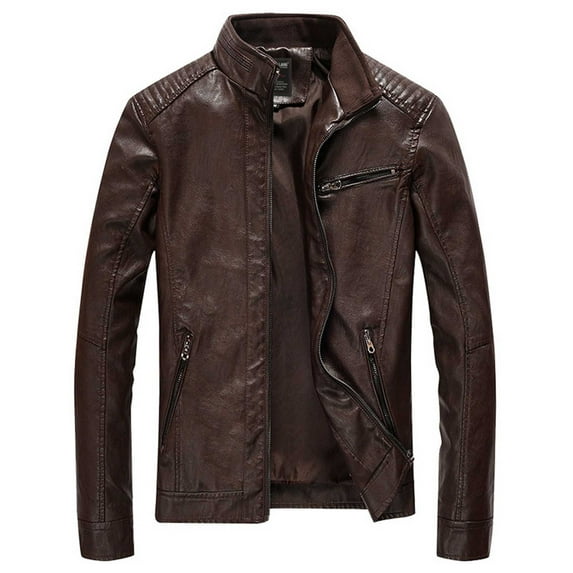FRSASU Men's Vintage Stand Collar PU Leather Jacket Motorcycle Jacket and Long Sleeved Zipper Coat Coffee