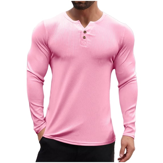 FRSASU Men's Waffle Henley Shirt Long Sleeve Pullover Lightweight Casual Button Placket Stylish Tshirts Pink