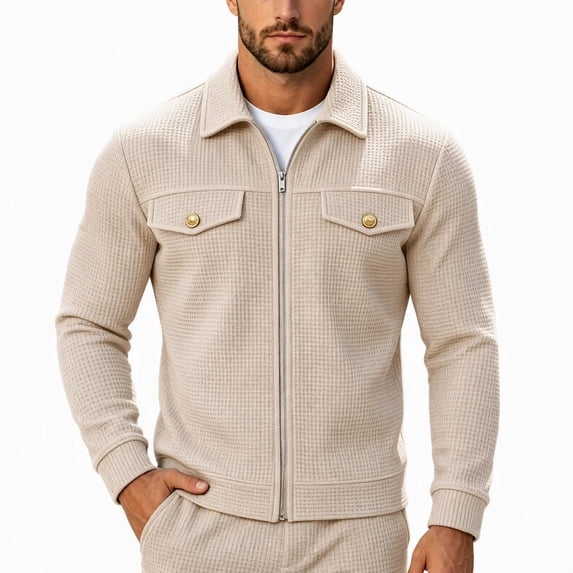 FRSASU Men's Waffle Knit Zip‑Up Jacket Lapel Collar Casual Coat with Gold‑Tone Button Chest Pockets Beige