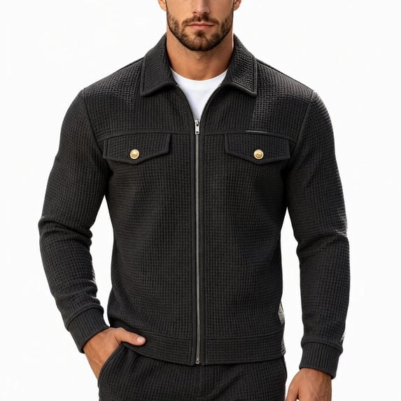 FRSASU Men's Waffle Knit Zip‑Up Jacket Lapel Collar Casual Coat with Gold‑Tone Button Chest Pockets Black