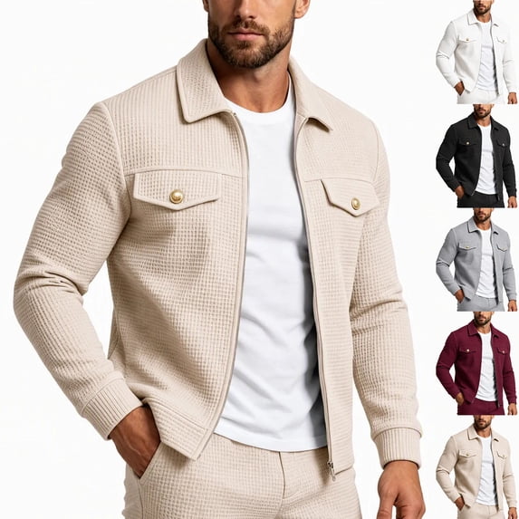 FRSASU Men's Waffle Knit Zip‑Up Jacket Lapel Collar Casual Coat with Gold‑Tone Button Chest Pockets White