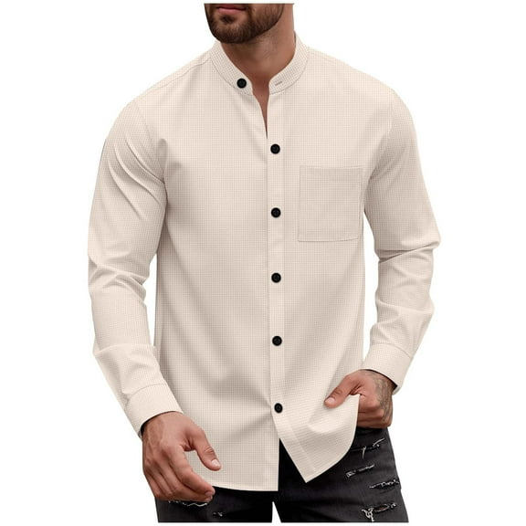 FRSASU Men's Waffle Long Sleeve Polo Shirt with Pocket Button up Stand Collar Shirts for Men Khaki