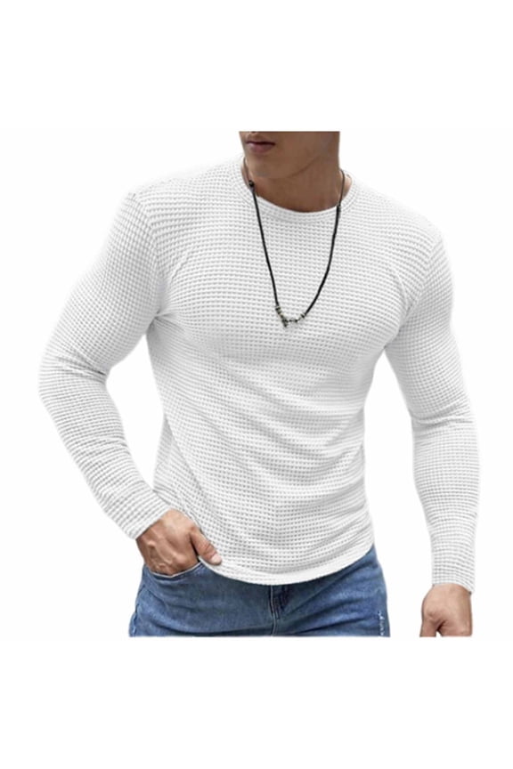 Men's Waffle Long Sleeve Shirts Crew Neck Tops Casual Pullover Sweaters Knit Undershirts White