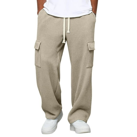 FRSASU Men's Waffle Pants Drawstring Wide Leg Baggy Lightweight Breathable Hiking Lounge Sweatpants Khaki