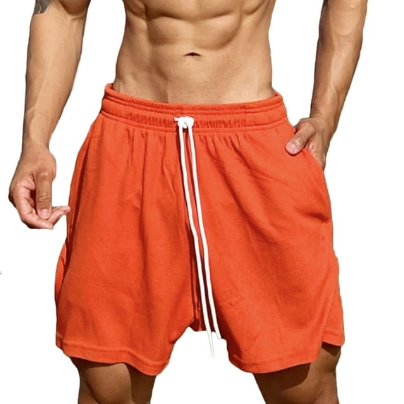 FRSASU Men's Waffle Shorts Casual Elastic Waist Drawstring Lightweight Loose Fit Beach Shorts with Pockets Orange