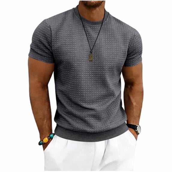 FRSASU Men's Waffle T-Shirt Casual Stretch Solid Crewneck Short Sleeve Lightweight Textured Pullover Tee Tops Dark Gray