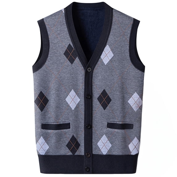 FRSASU Men's Warm Knitted Sweater Vest with Pocket Fleece Lined Sleeveless Cardigan V Neck Button Down Knitwear with Pockets for Winter Gray