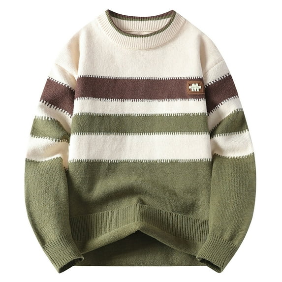 FRSASU Men's Warm Pullovers Knitted Sweater Round Neck Vintage Loose Color Block Casual Winter Sweaters Green