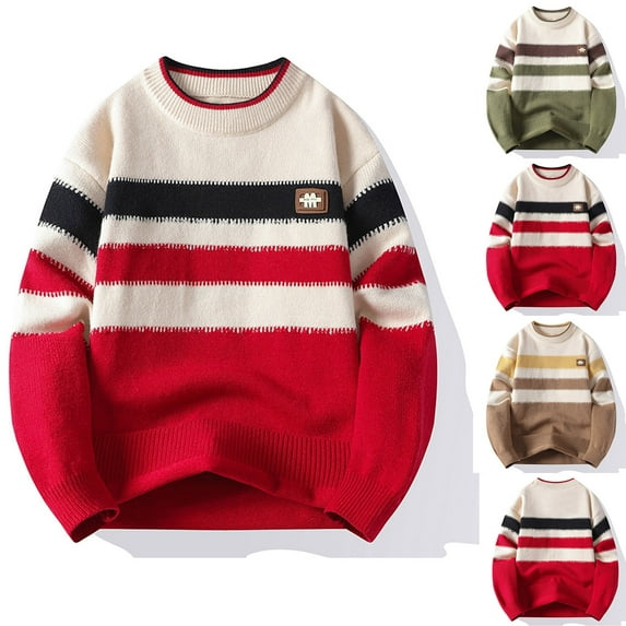 FRSASU Men's Warm Pullovers Knitted Sweater Round Neck Vintage Loose Color Block Casual Winter Sweaters Red