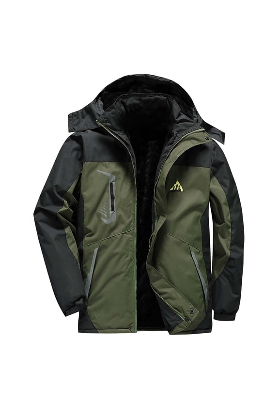 Men's Waterproof Outdoor Cold Proof Top with Zipper Pocket Plus Plush Thick Cotton Jacket with Detachable Hood Army Green
