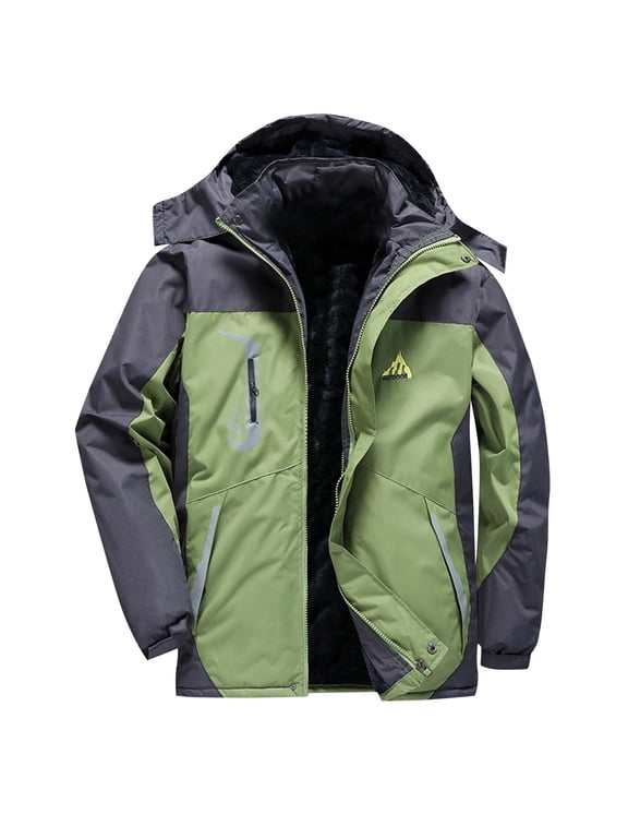 Men's Waterproof Outdoor Cold Proof Top with Zipper Pocket Plus Plush Thick Cotton Jacket with Detachable Hood Green