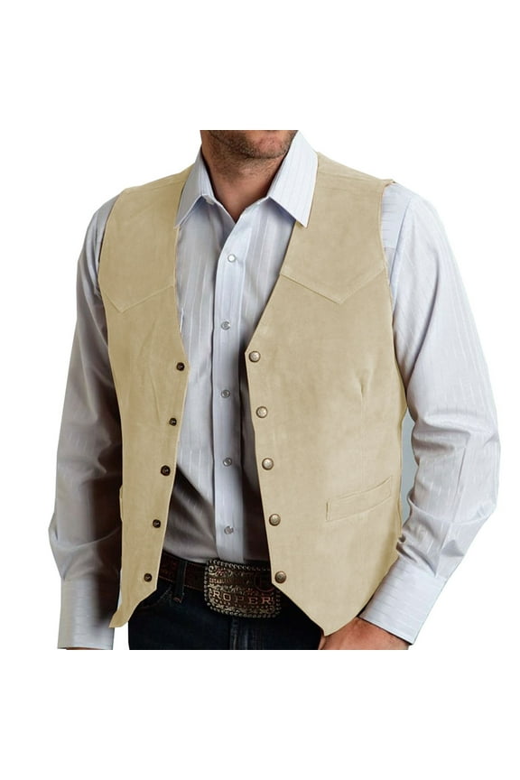 Men's Western Cowboy Suit Vest Slim Fit Faux Suede Leather Vests Waistcoat for Wedding Beige