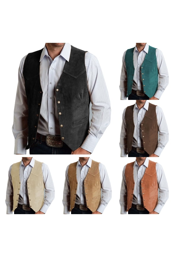 Men's Western Cowboy Suit Vest Slim Fit Faux Suede Leather Vests Waistcoat for Wedding Orange