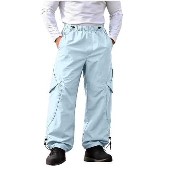 FRSASU Men's Wide‑Leg Snow Cargo Pants Elastic Waist Adjustable Drawstring Hem Water‑Resistant Ski Pants with Multi Pockets Light Blue
