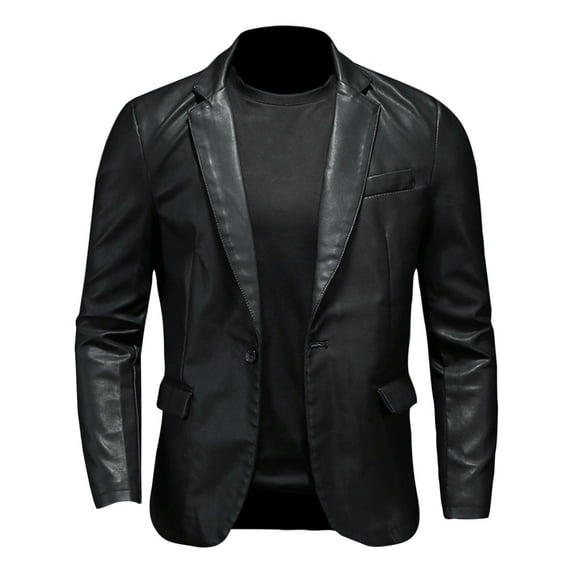 FRSASU Men's Winter Casual Notched Collar One Button Moto Faux Leather Business Blazer Suit Jacket Sport Coats Outwear Leather Jacket Men Black