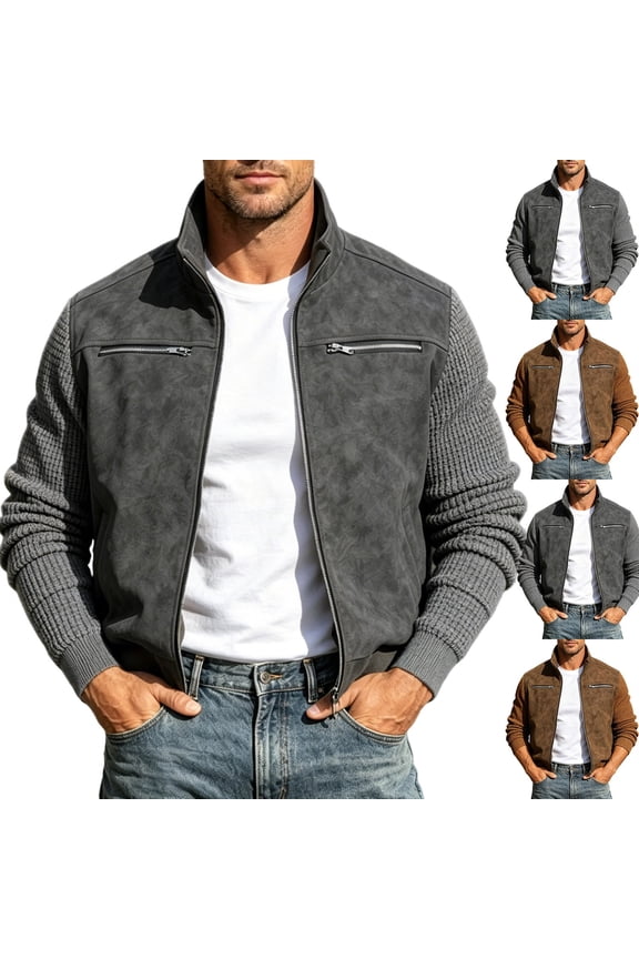 Men's Winter Jackets Stand Collar Suede Patchwork Jacquard Jacket Retro Casual Cropped Jackets with Multi Pockets Gray-B