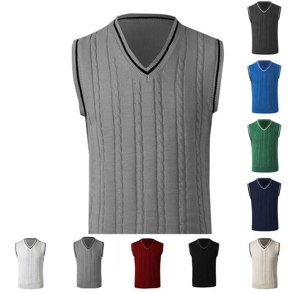 FRSASU Men's Wool Blended Vest Sweater Relaxed Fit V Neck Sleeveless Cable Ribbed Knitted Pullover 4XL White