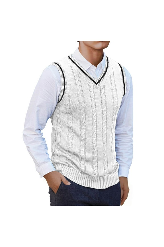Men's Wool Blended Vest Sweater Relaxed Fit V Neck Sleeveless Cable Ribbed Knitted Pullover 4XL White