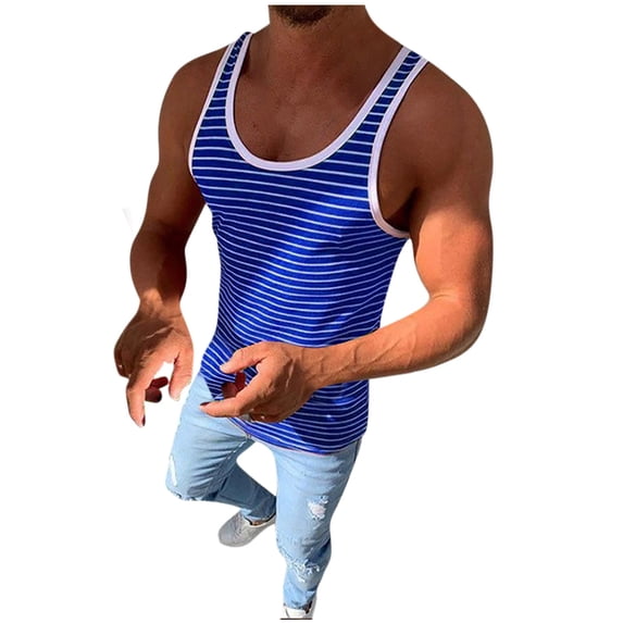 FRSASU Men's Workout Striped Sleeveless Shirts Bodybuilding Low Cut Stringer Tank Tops Summer Sports Muscle Basic T-Shirts Blue