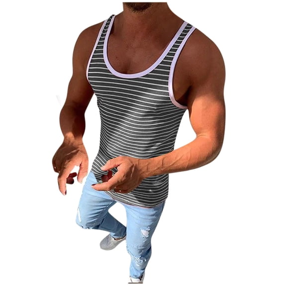 FRSASU Men's Workout Striped Sleeveless Shirts Bodybuilding Low Cut Stringer Tank Tops Summer Sports Muscle Basic T-Shirts Gray