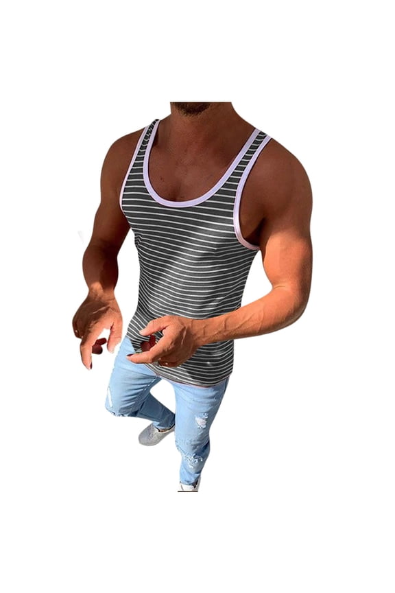 Men's Workout Striped Sleeveless Shirts Bodybuilding Low Cut Stringer Tank Tops Summer Sports Muscle Basic T-Shirts Gray