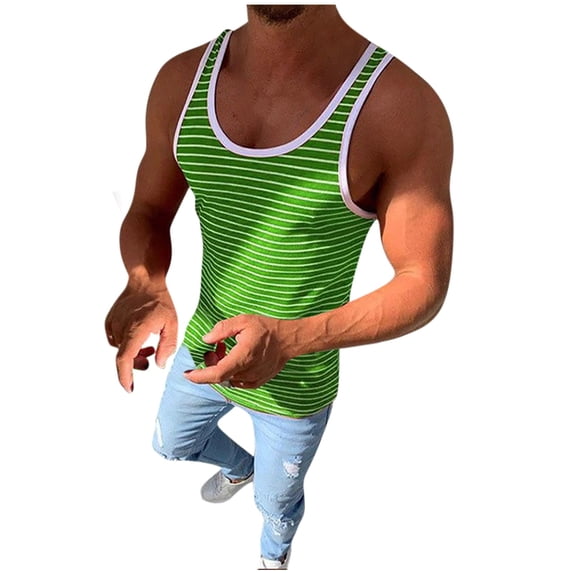 FRSASU Men's Workout Striped Sleeveless Shirts Bodybuilding Low Cut Stringer Tank Tops Summer Sports Muscle Basic T-Shirts Green
