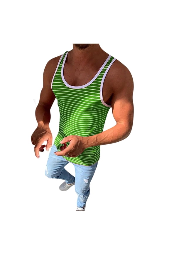 Men's Workout Striped Sleeveless Shirts Bodybuilding Low Cut Stringer Tank Tops Summer Sports Muscle Basic T-Shirts Green