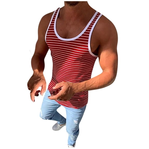 FRSASU Men's Workout Striped Sleeveless Shirts Bodybuilding Low Cut Stringer Tank Tops Summer Sports Muscle Basic T-Shirts Red