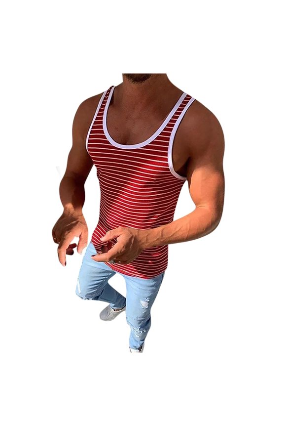 Men's Workout Striped Sleeveless Shirts Bodybuilding Low Cut Stringer Tank Tops Summer Sports Muscle Basic T-Shirts Red