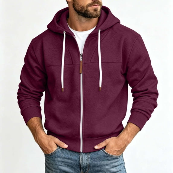 CaComMARK PI Men's Zip Up Hoodie Long Sleeve Fall Winter Lightweight Trendy Casual Track Jacket Loose Fit Fall Winter Clothes Wine