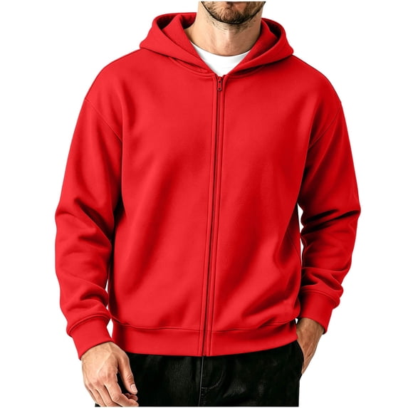 FRSASU Men's Zip Up Plain Hooded Sweatshirts Casual Long Sleeve Fleece Hoodie with Kangaroo Pockets Red