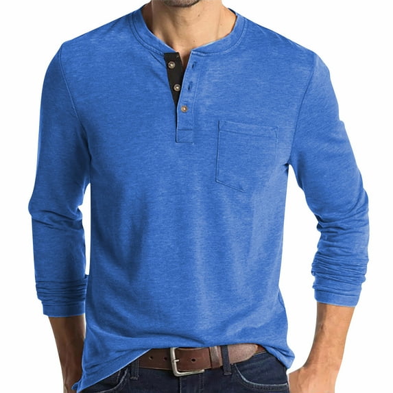 FRSASU Men's casual and fashionable solid color round neck button pocket top/T-shirt long sleeved round neck top/shirt Blue