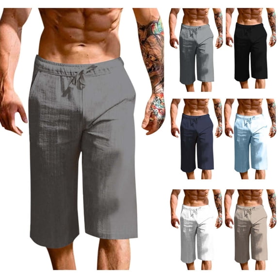 FRSASU Men's cotton and linen Capri Pants Loose Fit Elastic Waist Wide Leg Baggy straight leg shorts White