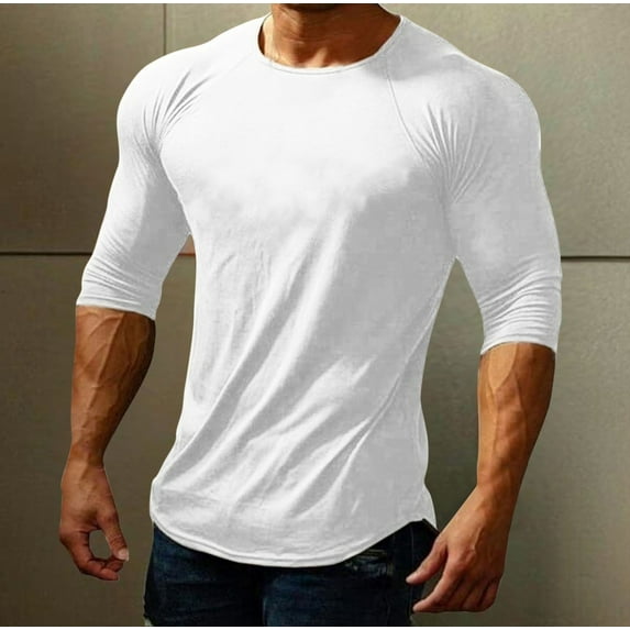 FRSASU Men's fashionable and comfortable solid color Long Sleeve Workout Shirt elastic shoulder long sleeved U-shaped hem Pullover Shirt White