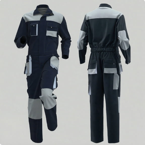 FRSASU Men's fashionable color blocked work clothes, wear-resistant multi pocket workwear one-piece overalls Dark Blue