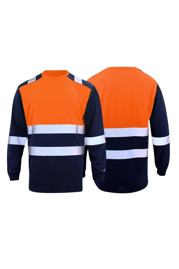 Men's reflective mesh workwear safety suit color blocked long sleeved round neck top Orange