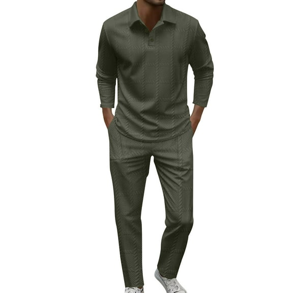 FRSASU Mens 2 Piece Set Casual Outfits Lapel Button Long Sleeve Shirt & Pants Drawstring Track Suit Army Green