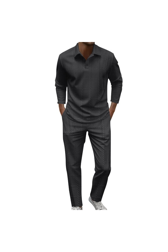 Mens 2 Piece Set Casual Outfits Lapel Button Long Sleeve Shirt & Pants Drawstring Track Suit Black