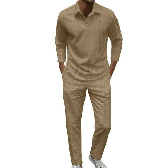 FRSASU Mens 2 Piece Set Casual Outfits Lapel Button Long Sleeve Shirt & Pants Drawstring Track Suit Khaki