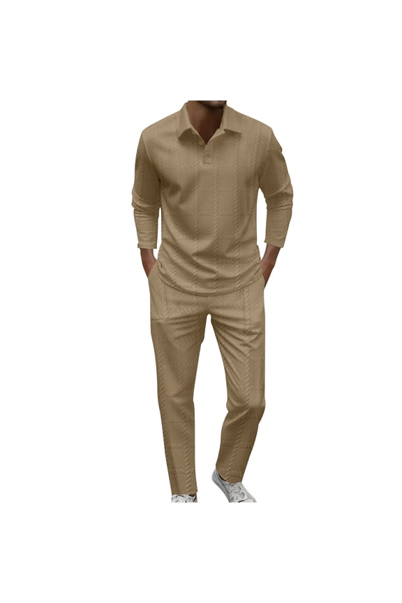 Mens 2 Piece Set Casual Outfits Lapel Button Long Sleeve Shirt & Pants Drawstring Track Suit Khaki