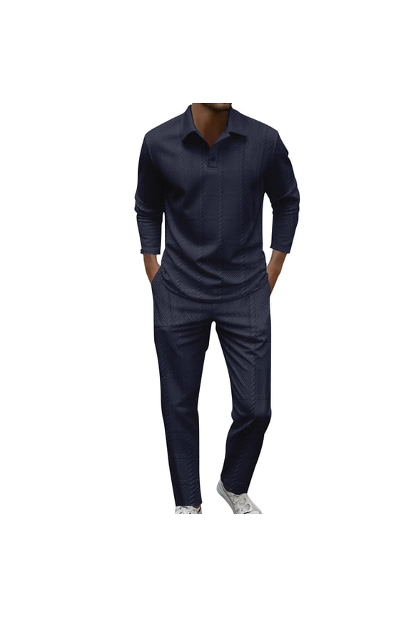 Mens 2 Piece Set Casual Outfits Lapel Button Long Sleeve Shirt & Pants Drawstring Track Suit Navy