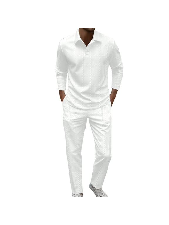 Mens 2 Piece Set Casual Outfits Lapel Button Long Sleeve Shirt & Pants Drawstring Track Suit White