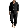 thumbnail image 1 of FRSASU Mens 2 Pieces Cotton Linen Set Long Sleeve Button Down Shirts Casual Drawstring Yoga Pants Summer Beach Wedding Outfits Black, 1 of 9