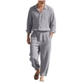 thumbnail image 1 of FRSASU Mens 2 Pieces Cotton Linen Set Long Sleeve Button Down Shirts Casual Drawstring Yoga Pants Summer Beach Wedding Outfits Gray, 1 of 9