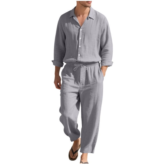 FRSASU Mens 2 Pieces Cotton Linen Set Long Sleeve Button Down Shirts Casual Drawstring Yoga Pants Summer Beach Wedding Outfits Gray