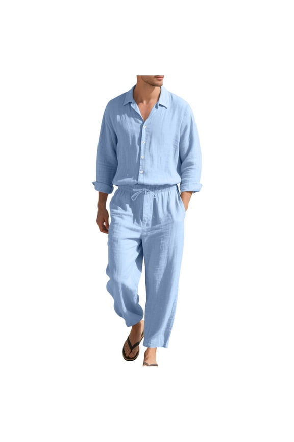 Mens 2 Pieces Cotton Linen Set Long Sleeve Button Down Shirts Casual Drawstring Yoga Pants Summer Beach Wedding Outfits Light Blue