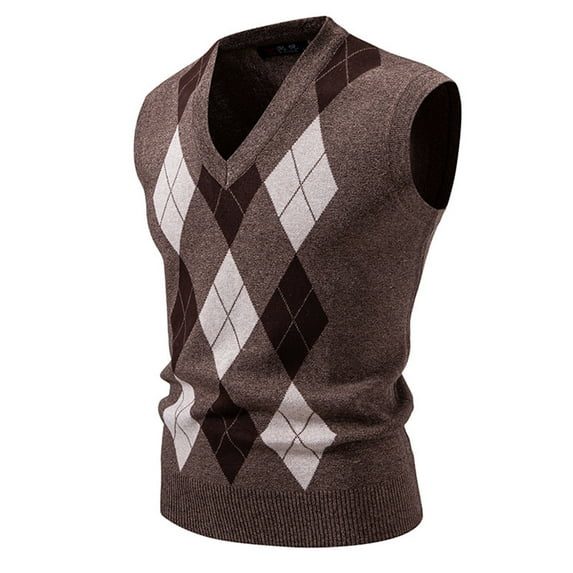 FRSASU Mens Argyle Sweater Vests Casual Sleeveless V Neck Warm Knit Pullover Slim Fit Business formal Waistcoat Coffee